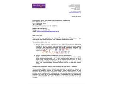 2019offer：恭喜李同學(xué)獲得曼徹斯特大學(xué)（世界排名：29）全球城市發(fā)展與規(guī)劃專業(yè)碩士通知書
