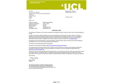 2019offer：恭喜王同學(xué)獲得倫敦大學(xué)學(xué)院（世界排名：10）分子模擬專業(yè)碩士通知書