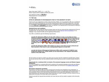 2019offer：恭喜韓同學(xué)獲得巴斯大學(xué)（世界排名：158）會(huì)計(jì)與金融專業(yè)碩士通知書(shū)