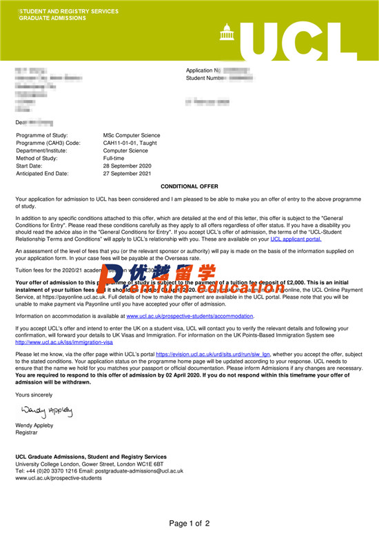2020offer：恭喜陳同學獲得倫敦大學學院計算機科學專業(yè)碩士通知書