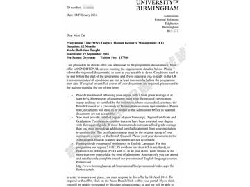 恭喜張同學獲得伯明翰大學人力資源管理專業(yè)碩士通知書